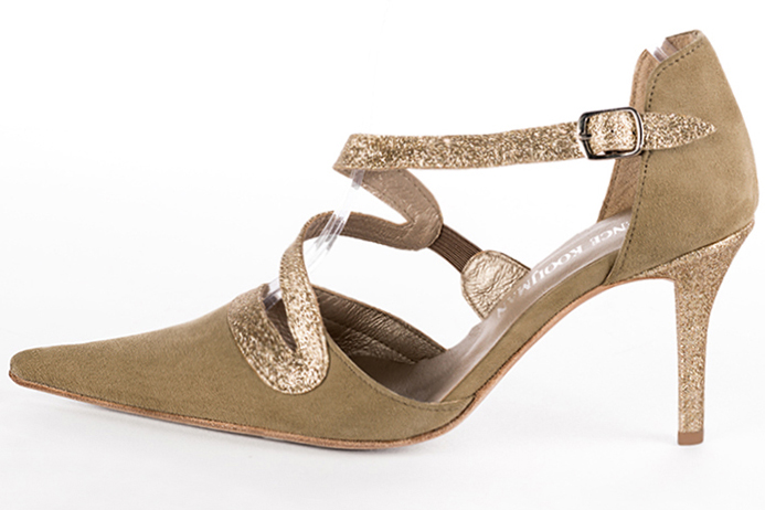 Camel beige and gold women's open side shoes, with snake-shaped straps. Pointed toe. High slim heel. Profile view - Florence KOOIJMAN
